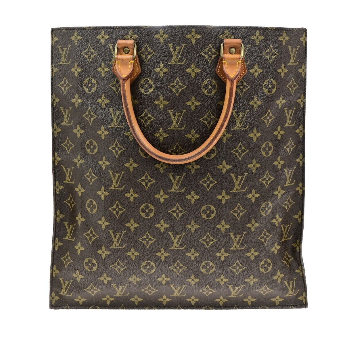 LOUIS VUITTON Logo Sac Plat Hand Tote Bag Monogram Leather Brown M51140 30EE026