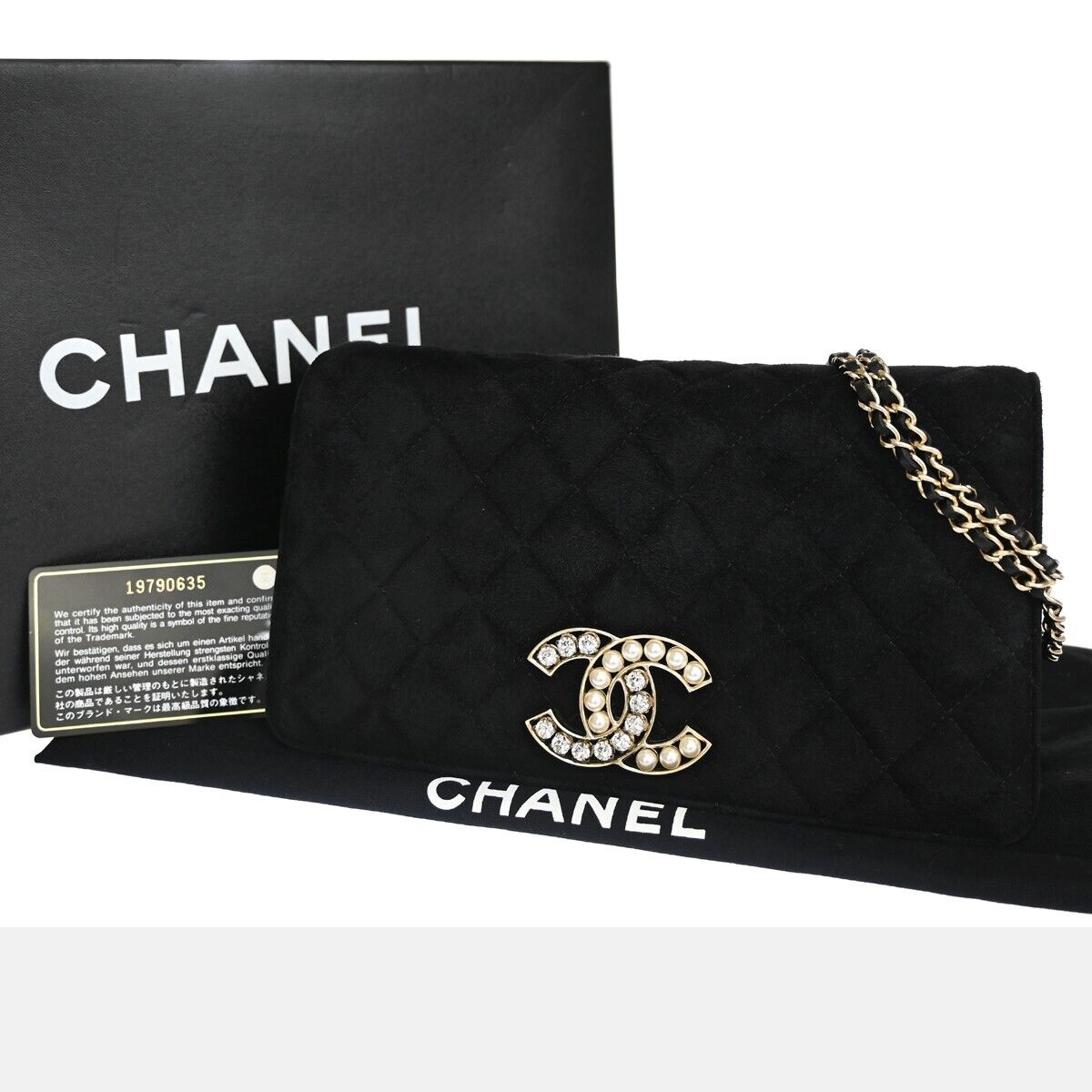 CHANEL CC Logo Matelasse Chain Shoulder Bag Suede BK Rhinestone Pearl 770RJ051