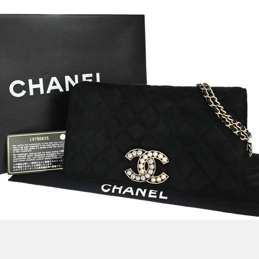 CHANEL CC Logo Matelasse Chain Shoulder Bag Suede BK Rhinestone Pearl 770RJ051