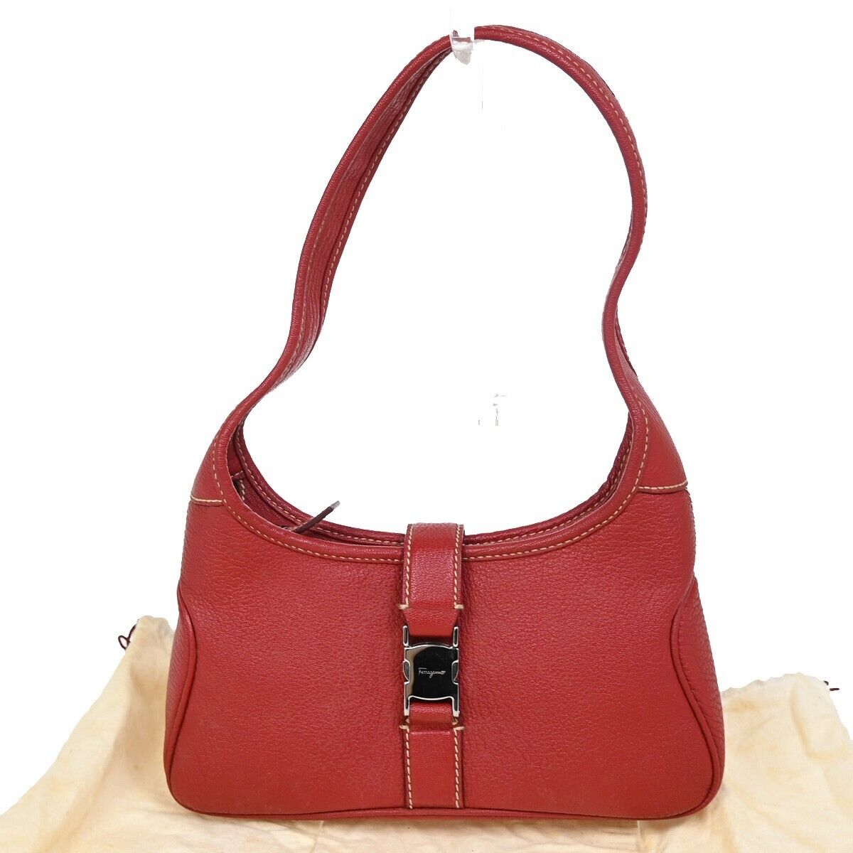 SALVATORE FERRAGAMO Logo Shoulder Bag Leather Red Silver Made In Italy 65FA578