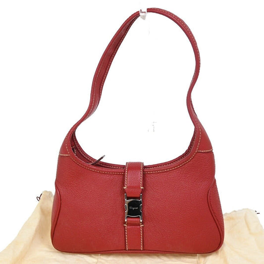 SALVATORE FERRAGAMO Logo Shoulder Bag Leather Red Silver Made In Italy 65FA578