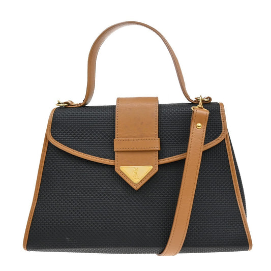 YVES SAINT LAURENT YSL Logo 2Way Hand Bag PVC Leather Black Brown 80YH823