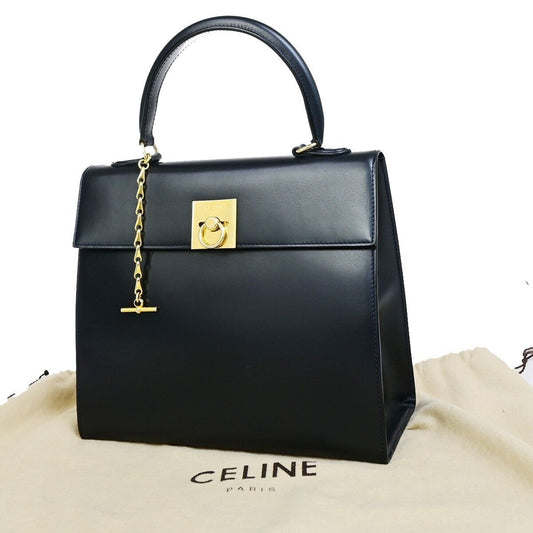 CELINE Logo Top Handle Hand Bag Leather Navy Blue GHW Made in Italy 34EC891