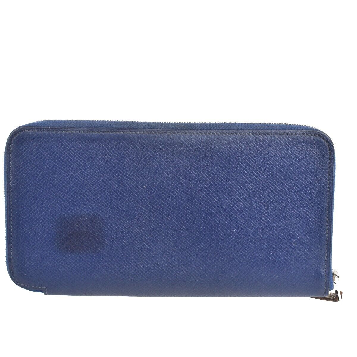 HERMES Azap Silk In Long Zipper Bifold Wallet Purse Leather Blue Silver 37JH641