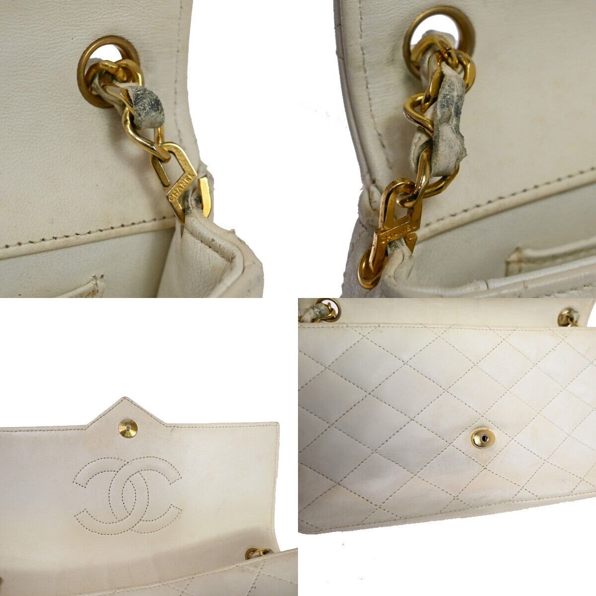 CHANEL CC Logo Matelasse Chain Shoulder Bag Leather White GHW Vintage 694RJ225