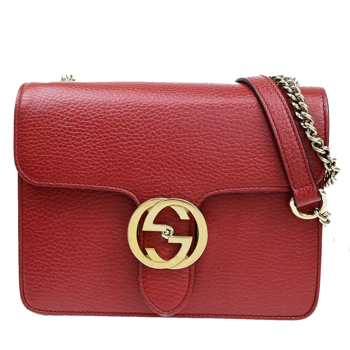 GUCCI Logo Interlocking G Chain Mini Shoulder Bag Leather Red GHW Italy 14YH072