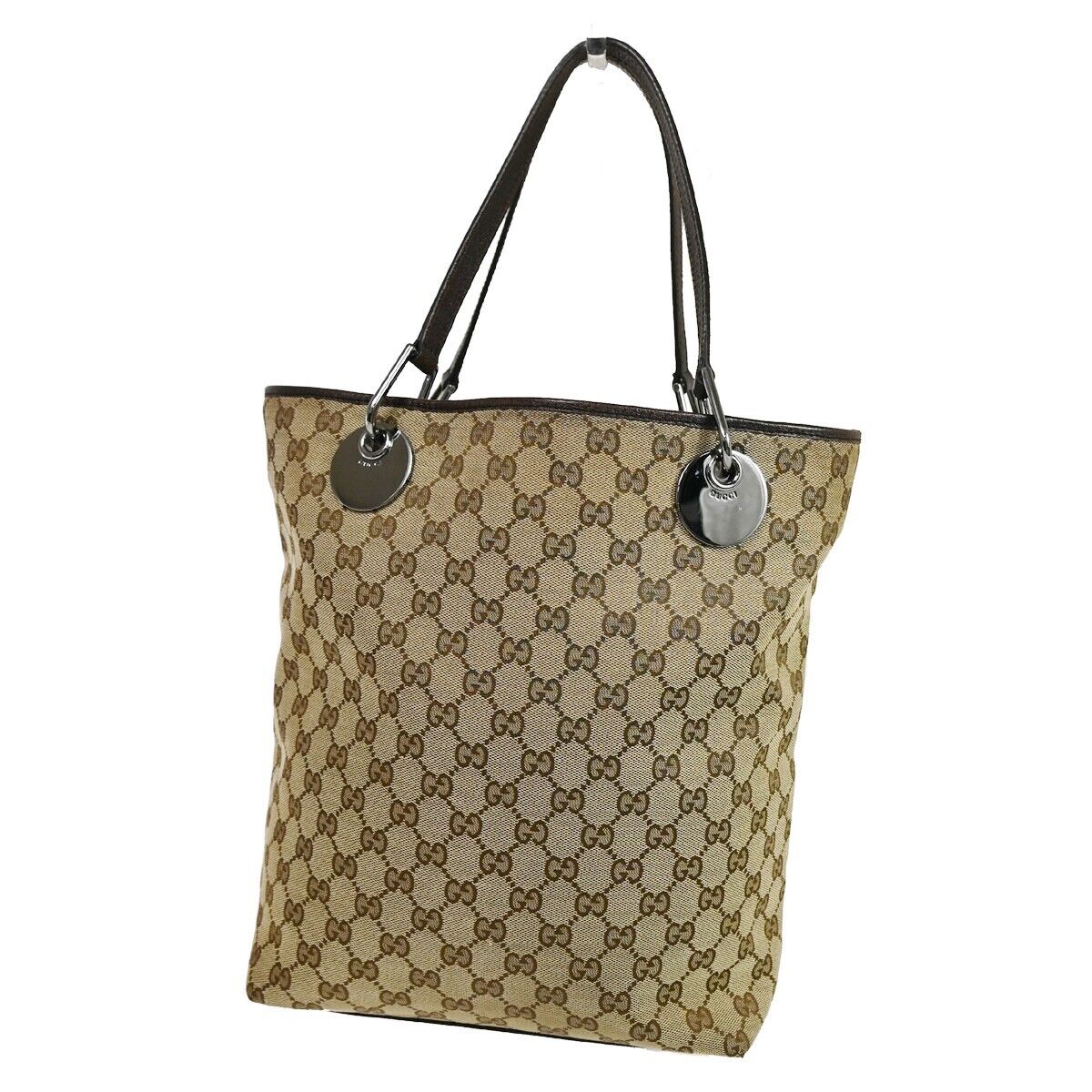 GUCCI Logo GG Pattern Shoulder Bag Canvas Leather Brown Silver Italy 61ED285