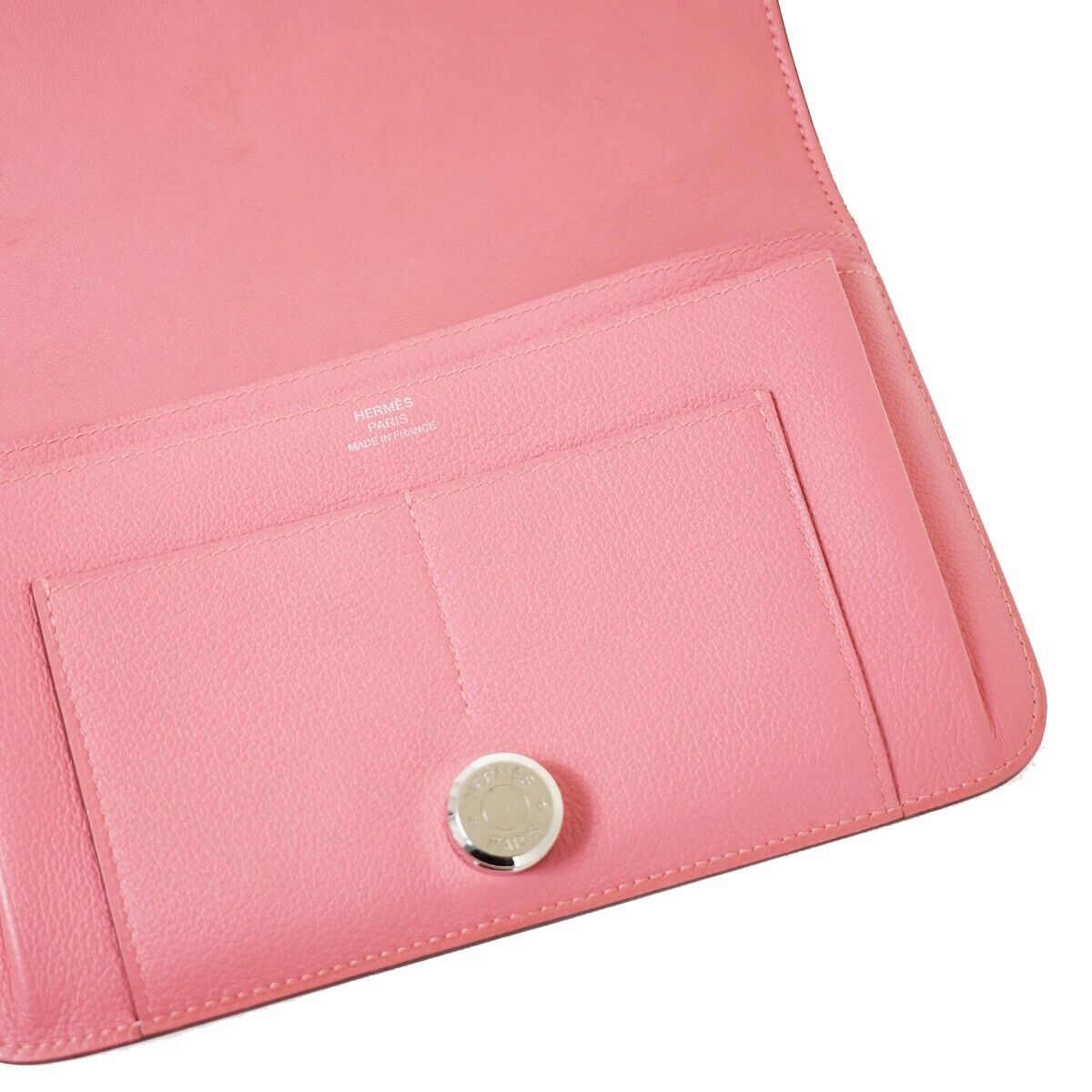 HERMES Logo Dogon GM Bifold Wallet Purse Evercalf Leather Pink France 50RC661