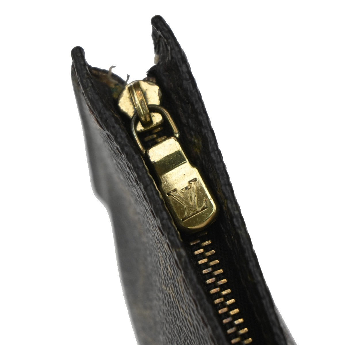 LOUIS VUITTON LV Logo Bucket PM Pouch Bag Monogram Leather Brown Gold 04EF782