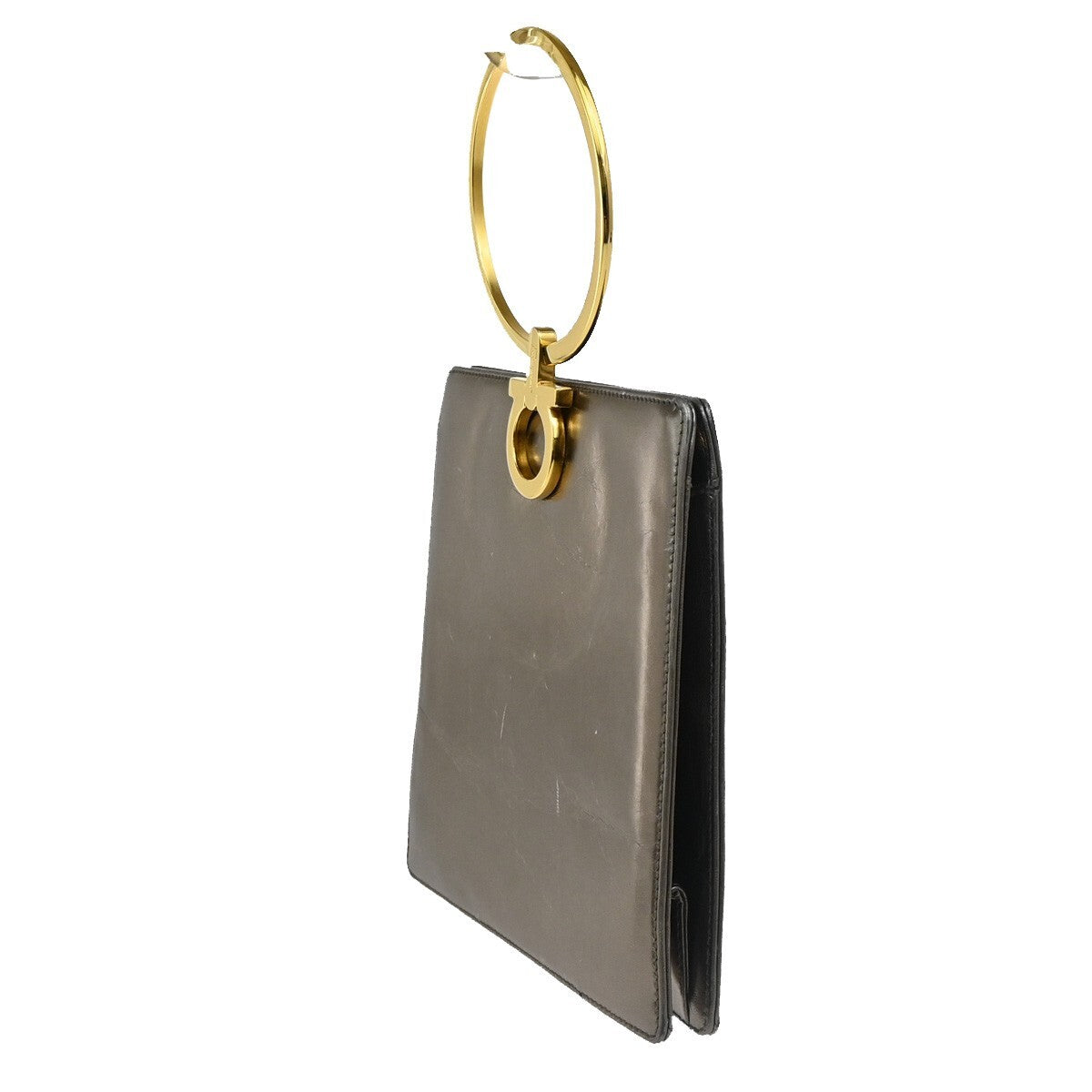 SALVATORE FERRAGAMO Gancini Metal Handle Clutch Hand Bag Leather Gold 62FB855