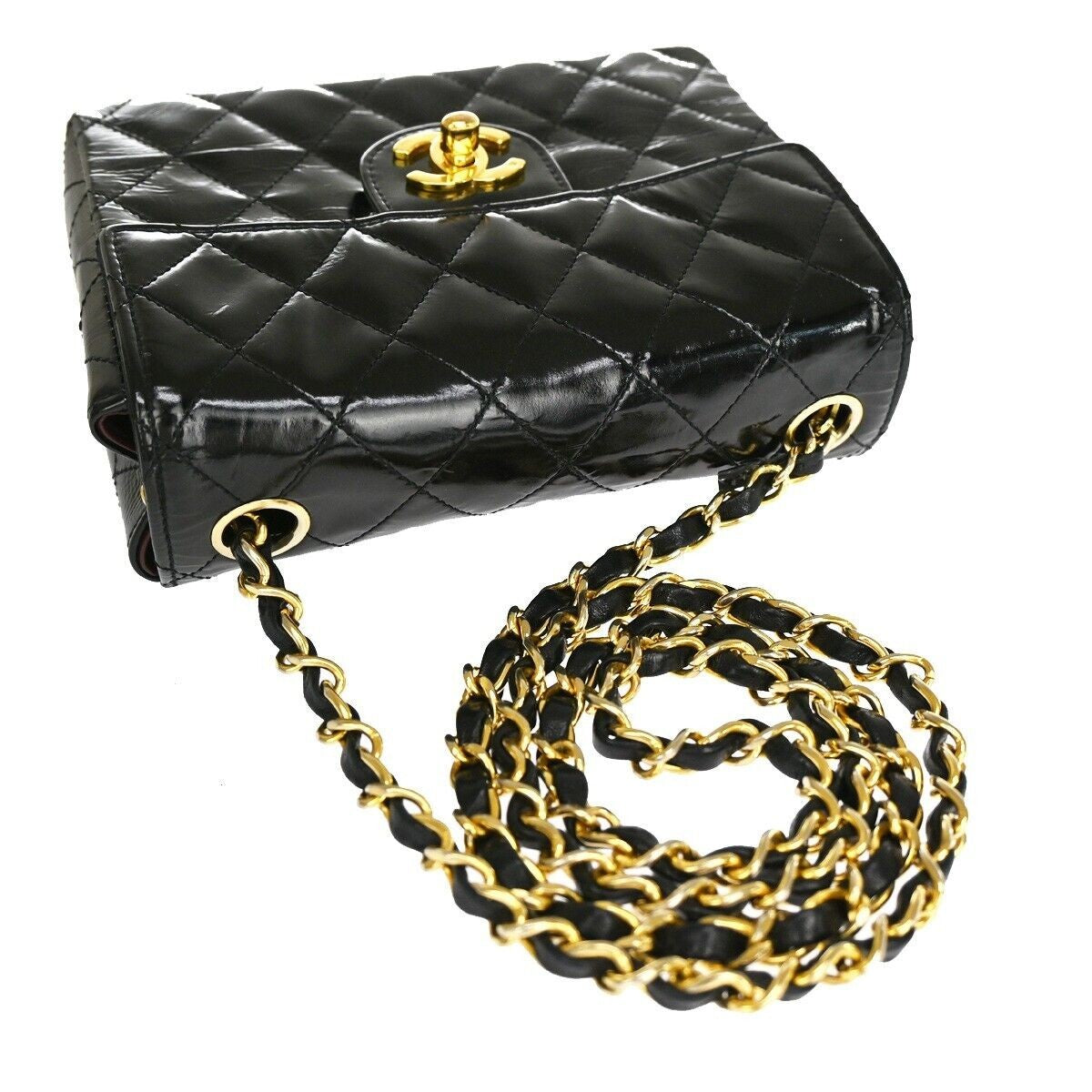CHANEL CC Mini Matelasse Chain Shoulder Bag Patent Leather Black GHW 332RJ334