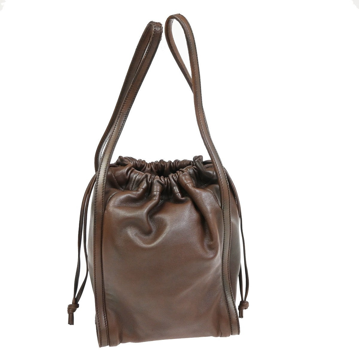 LOEWE LOGO Drawstring Shoulder Hand Bag Leather Brown GHW 38CA960