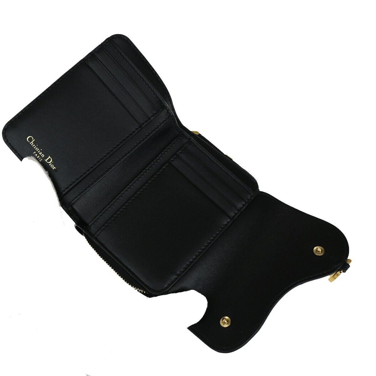 CHRISTIAN DIOR Logo Saddle Trifold Wallet Purse Leather Black GHW Italy 11RK018