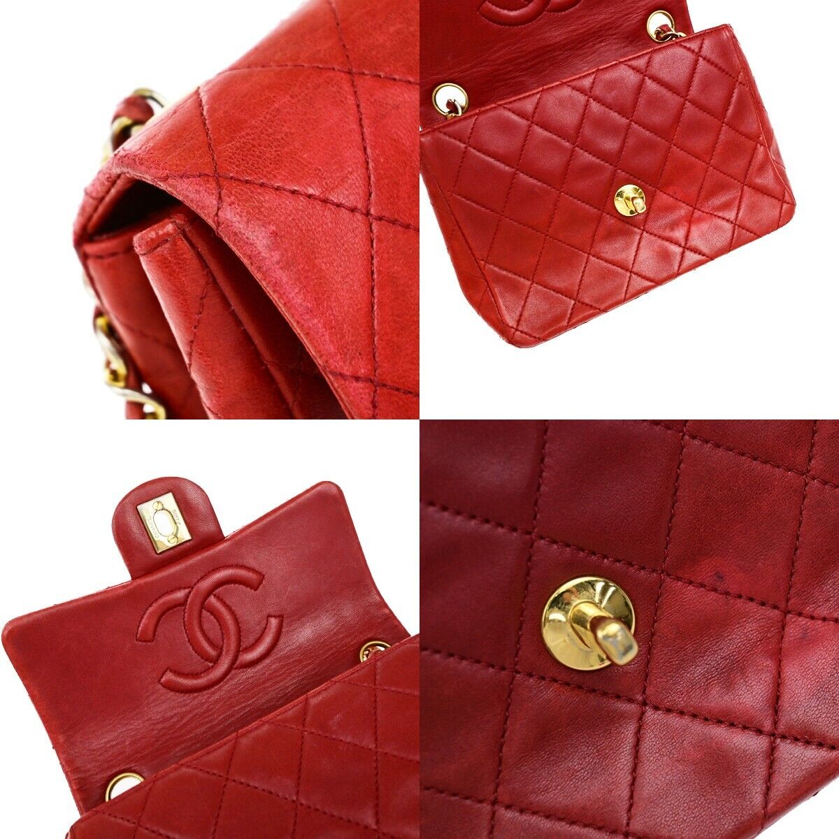 CHANEL CC Logo Mini Matelasse Chain Shoulder Bag Leather Red Vintage 673RF237