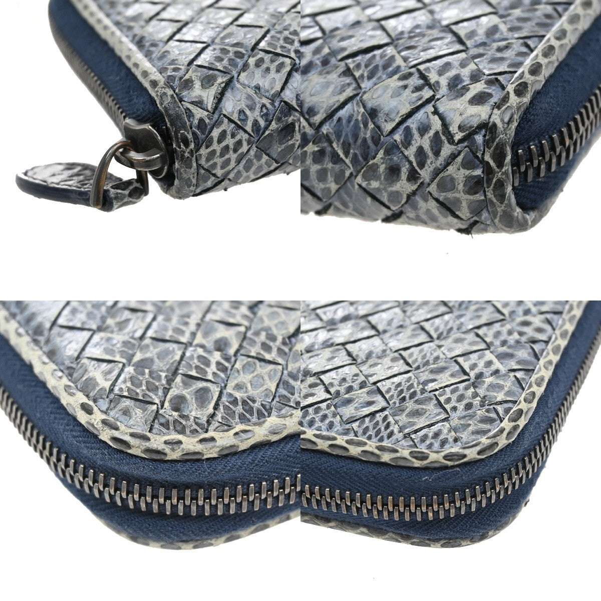 BOTTEGA VENETA Intrecciato Zip Around Long Wallet Embossing Leather Blue 69EE297