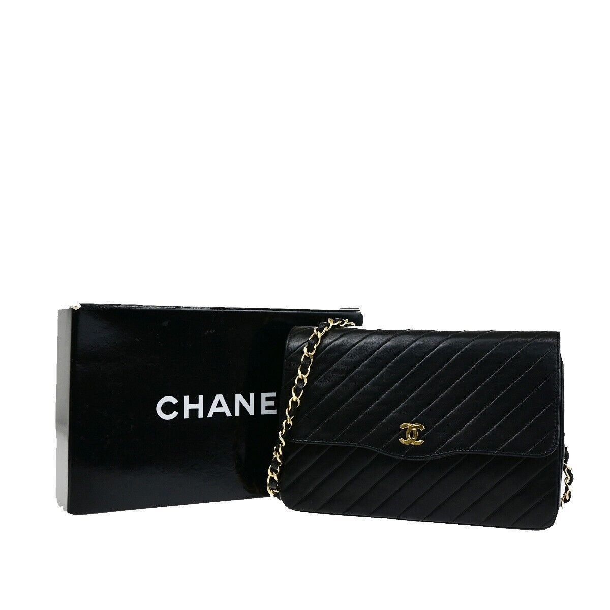 CHANEL CC Bias Stitch Chain Shoulder Bag Leather Black GHW Vintage 645RF150