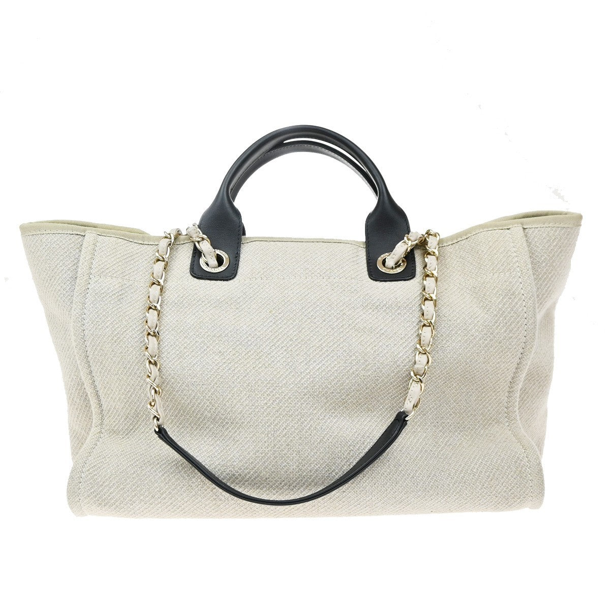 CHANEL Deauville 2Way Shoulder Hand Tote Bag Canvas Leather White Black 898RF787