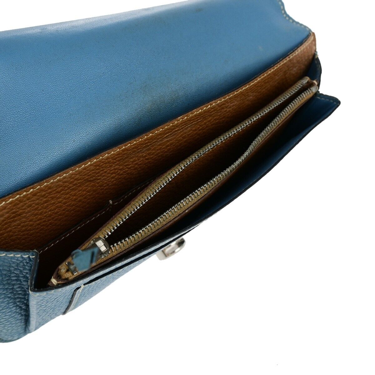HERMES Dogon GM Coin Case Bicolor Bifold Wallet Togo Leather Bleu Jean 32KA284