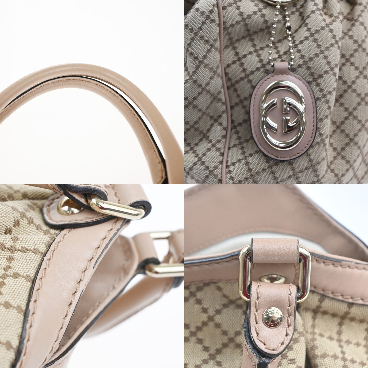 GUCCI GG Logo Diamante Sukey Shoulder Hand Bag Canvas Leather Beige Pink 74KC440