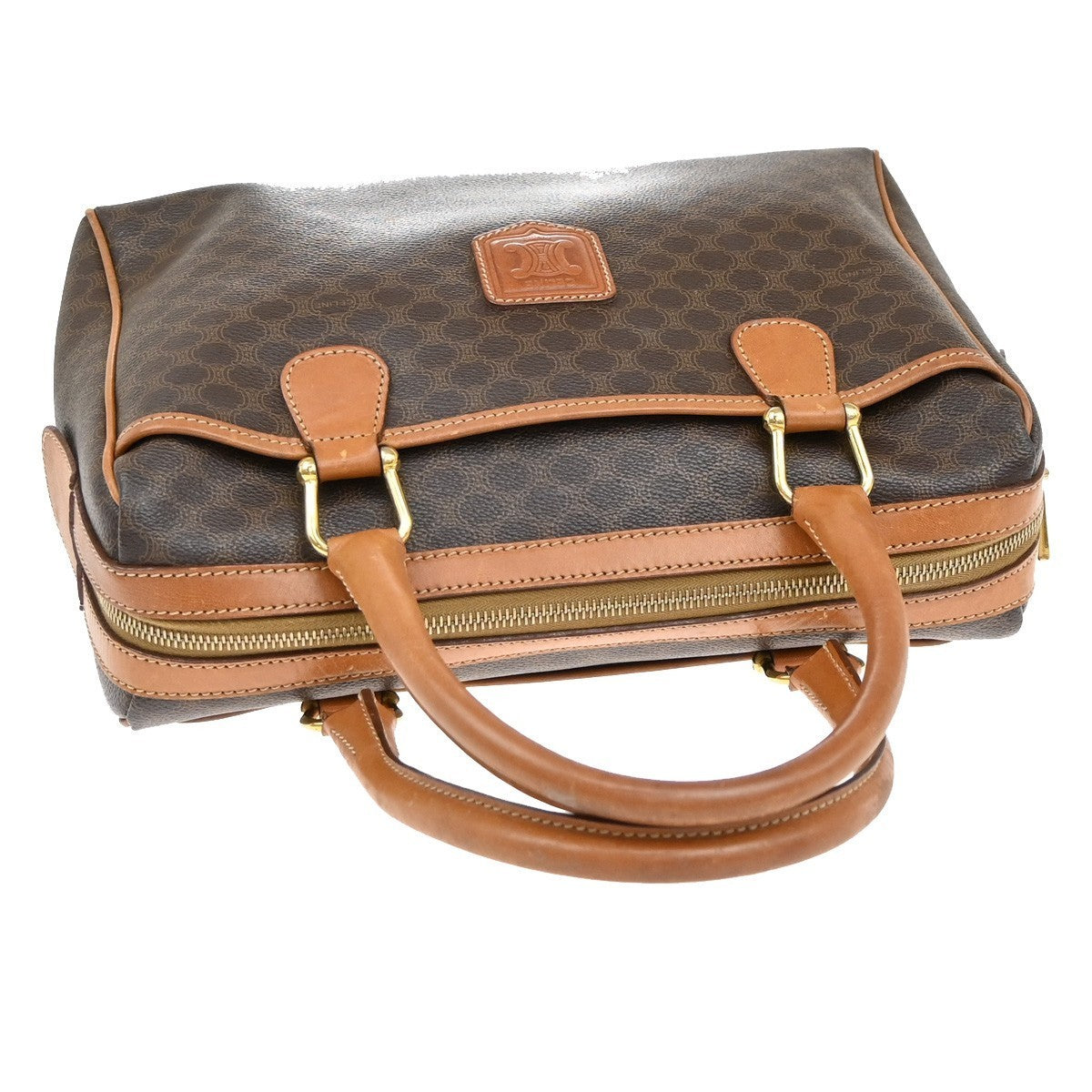 CELINE Logo Macadam Pattern Travel Hand Boston Bag PVC Leather Brown 69KB421
