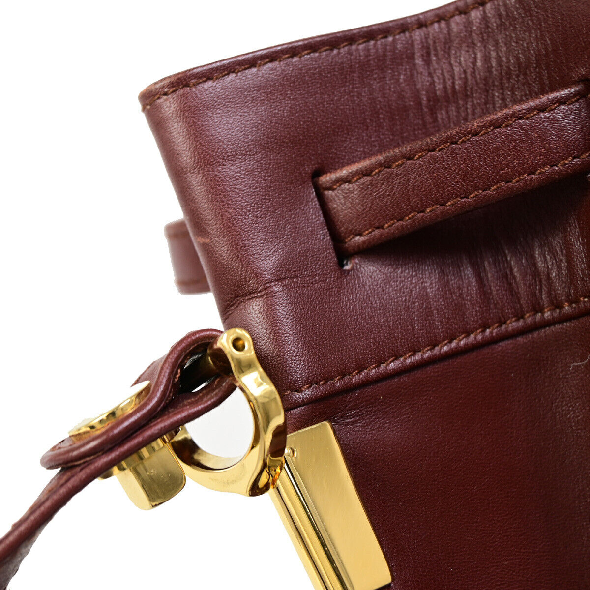 MUST DE CARTIER 2C Logo Drawstring Shoulder Bag Leather Bordeaux GHW 64YE754