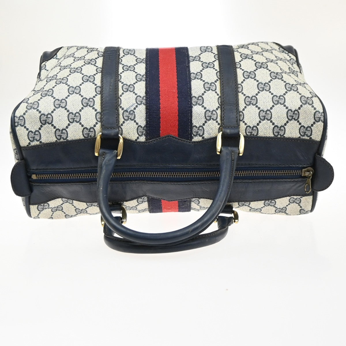 GUCCI Logo GG Pattern Sherry Boston Hand Bag PVC Leather Navy Blue Italy 68MA649