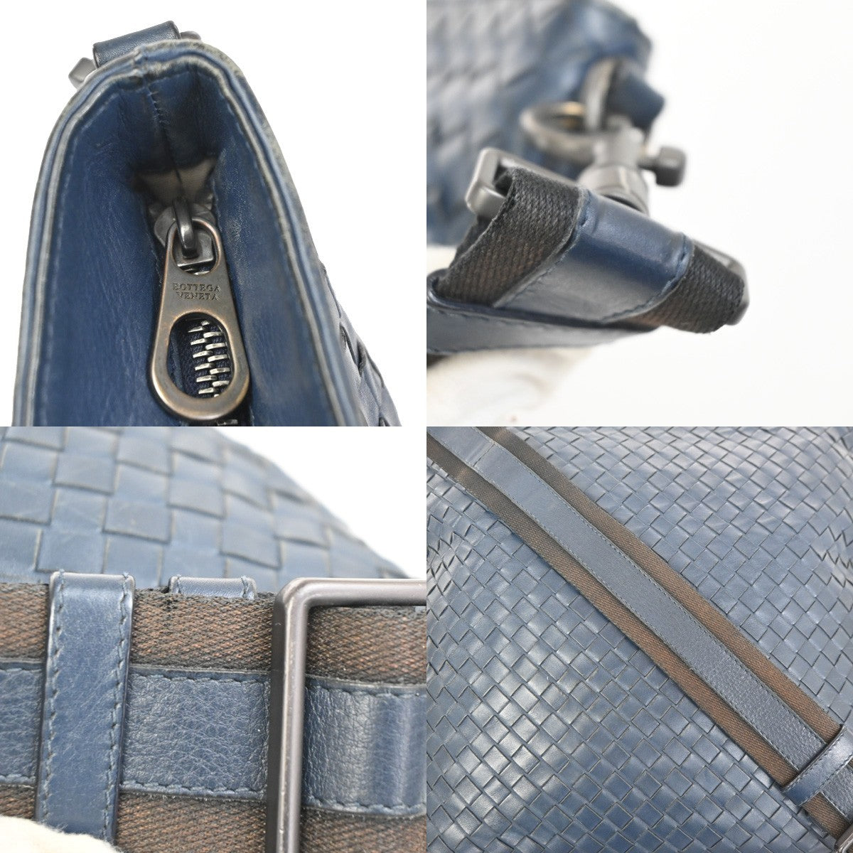 BOTTEGA VENETA Logo Intrecciato Shoulder Bag Leather Navy Blue Italy 10MA491
