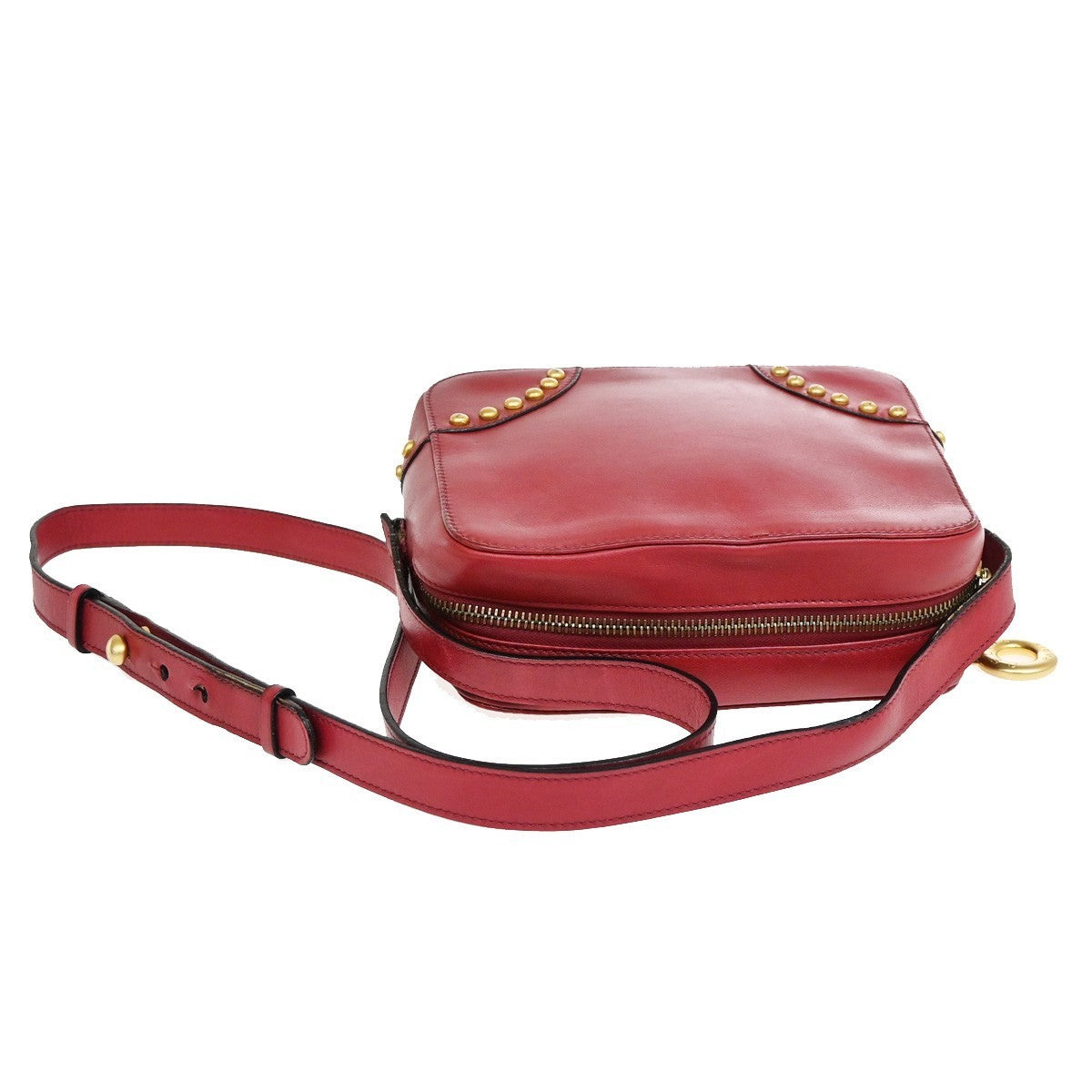 CELINE PARIS Logo Circle Studs Shoulder Bag Leather Red Gold Italy 62KP173
