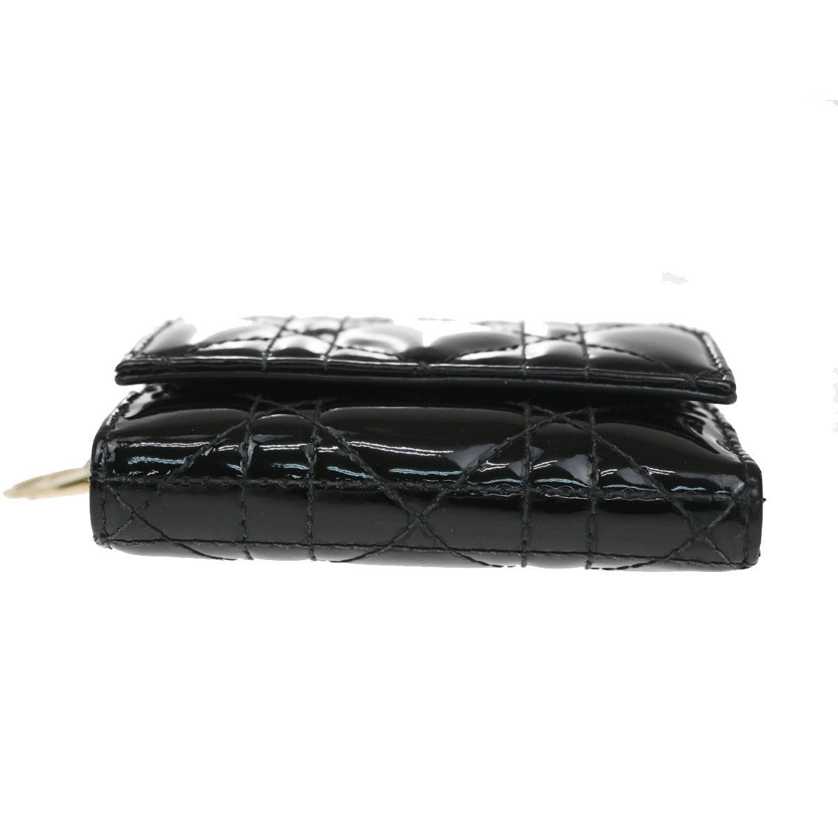 CHRISTIAN DIOR Cannage Trifold Compact Wallet Patent Leather Black GHW 35TA317
