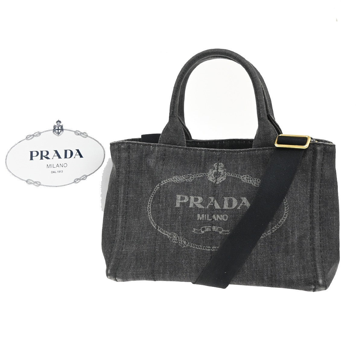 PRADA Logo Canapa 2Way Shoulder Hand Bag Canvas Leather Black GHW 77KP370