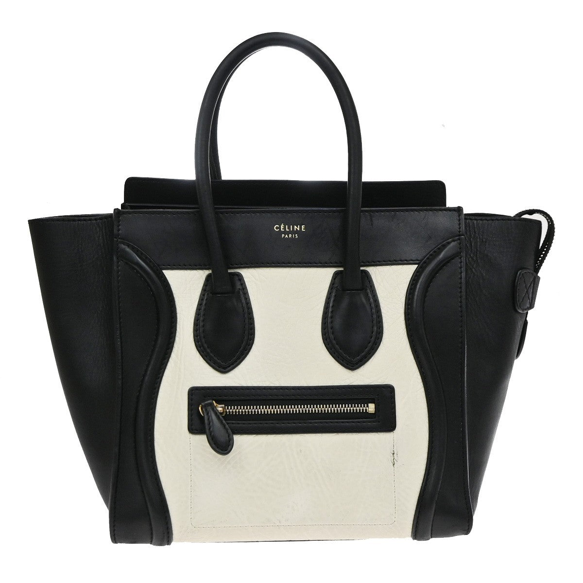 CELINE Logo Luggage Phantom Large Hand Tote Bag Leather Black White GHW 12EG408