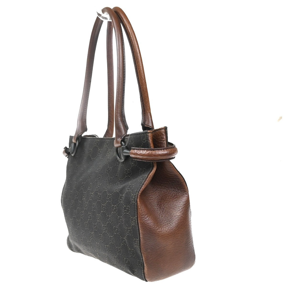 GUCCI Logo Horsebit GG Pattern Tote Hand Bag Canvas Leather Brown Italy 35MA571