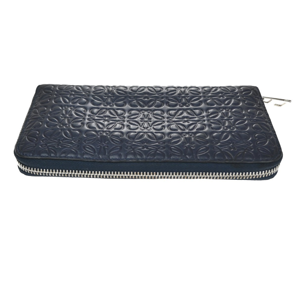 LOEWE Logo Anagram Repeat Long Zipper Wallet Embossed Leather Blue Navy 61KD063