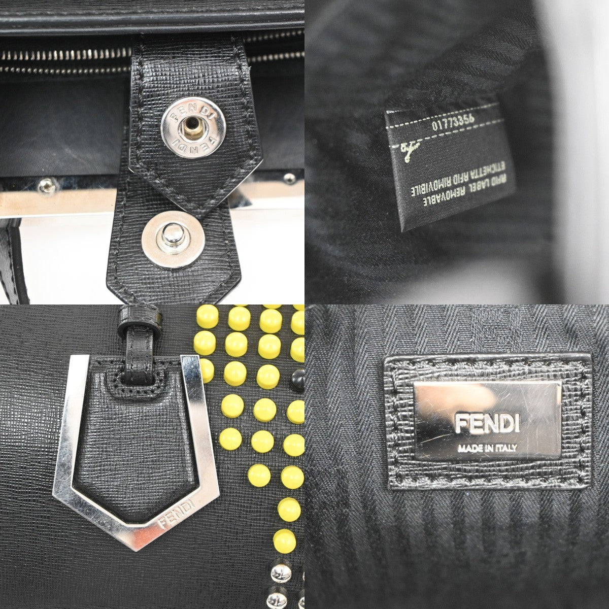 Fendi 2Jours Studded Light Bulb 2Way Shoulder Hand Bag Black Yellow SHW 12PA022
