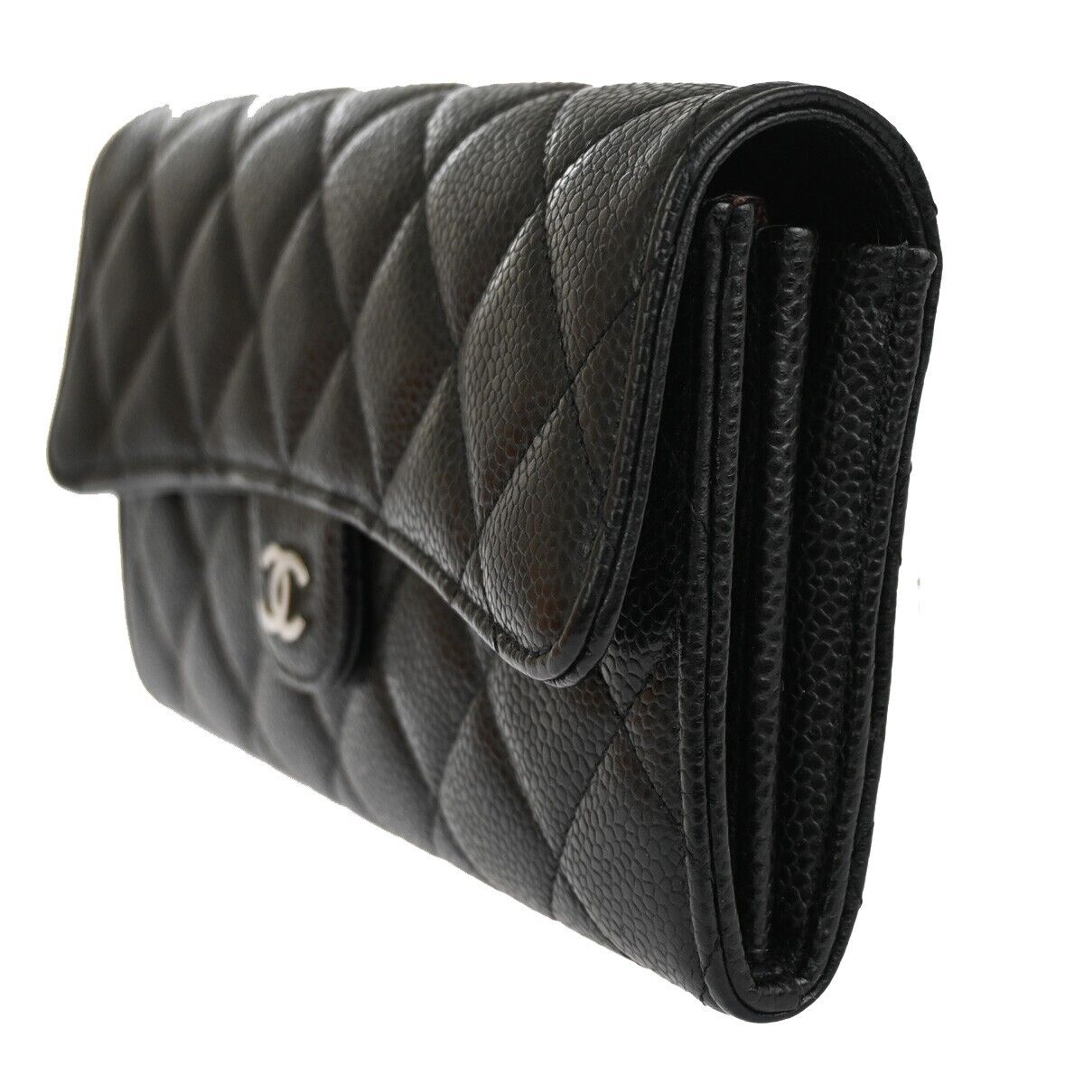 "CHANEL CC Matelasse Long Bifold Wallet Purse Caviar Leather Black SHW 41RJ205