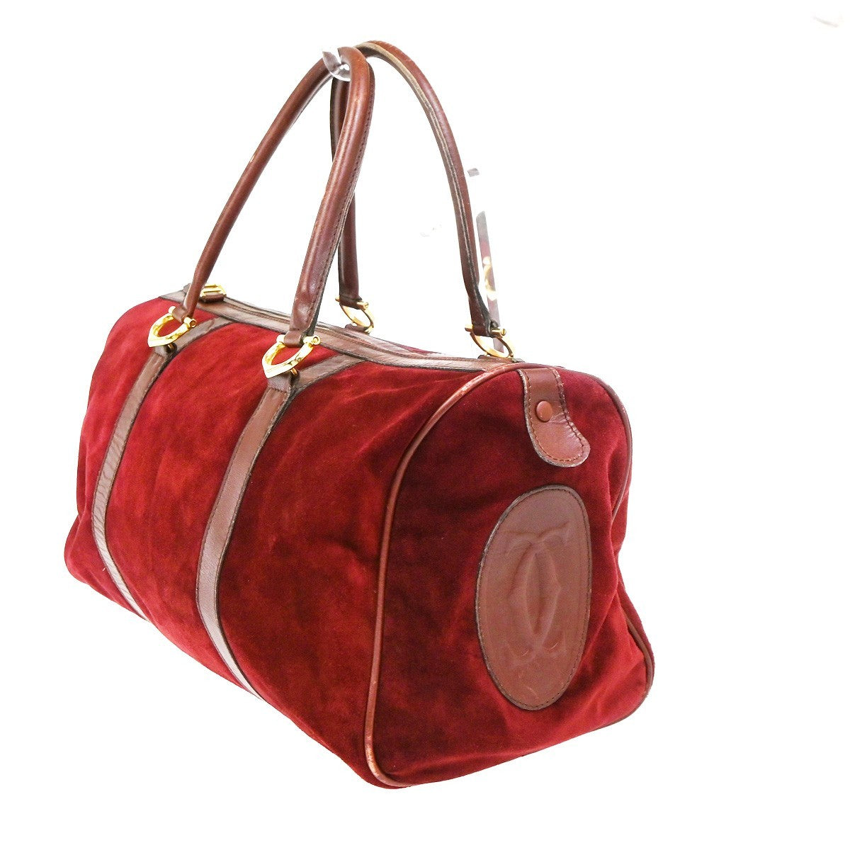 CARTIER Logo Boston Hand Bag Suede Leather Red Burgundy GHW 02CB004