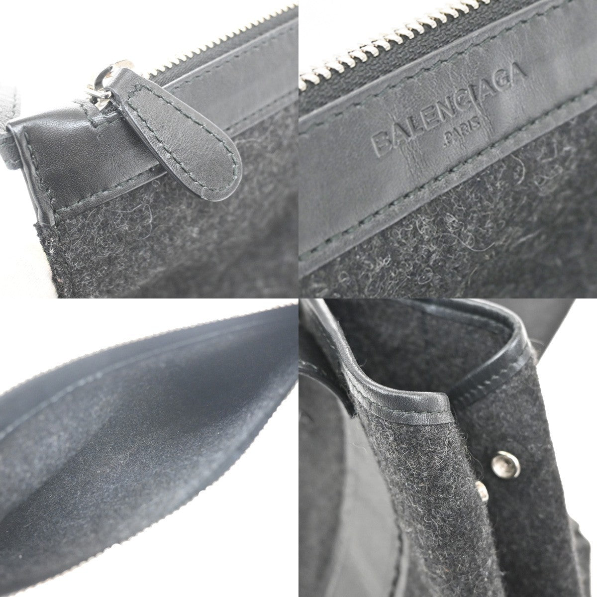 BALENCIAGA Logo Navy Cabas S Hand Bag Wool Felt Fabric Leather Black 30YH822