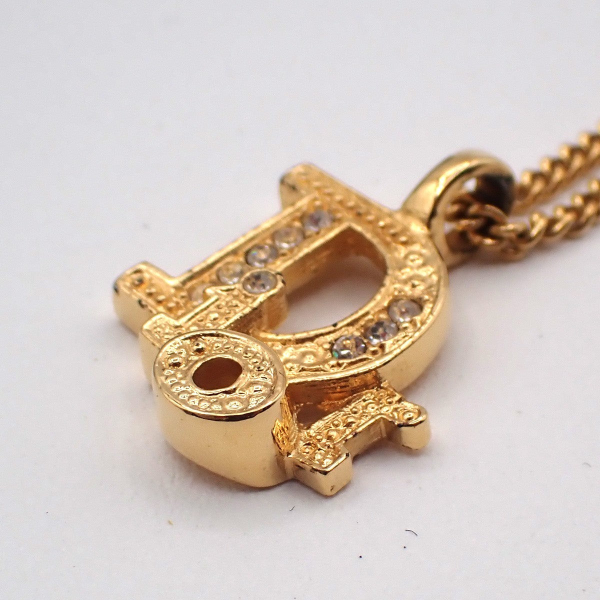 CHRISTIAN DIOR Logo Rhinestone Chain Necklace Pendant Gold Plated 02YJ116