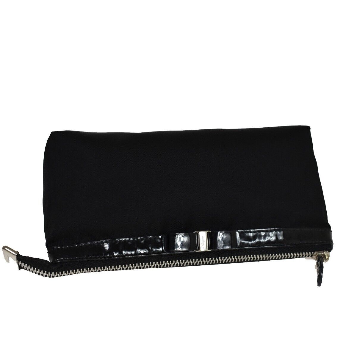 SALVATORE FERRAGAMO Vara Vanity Pouch Case Nylon Patent Leather Black 07GA588