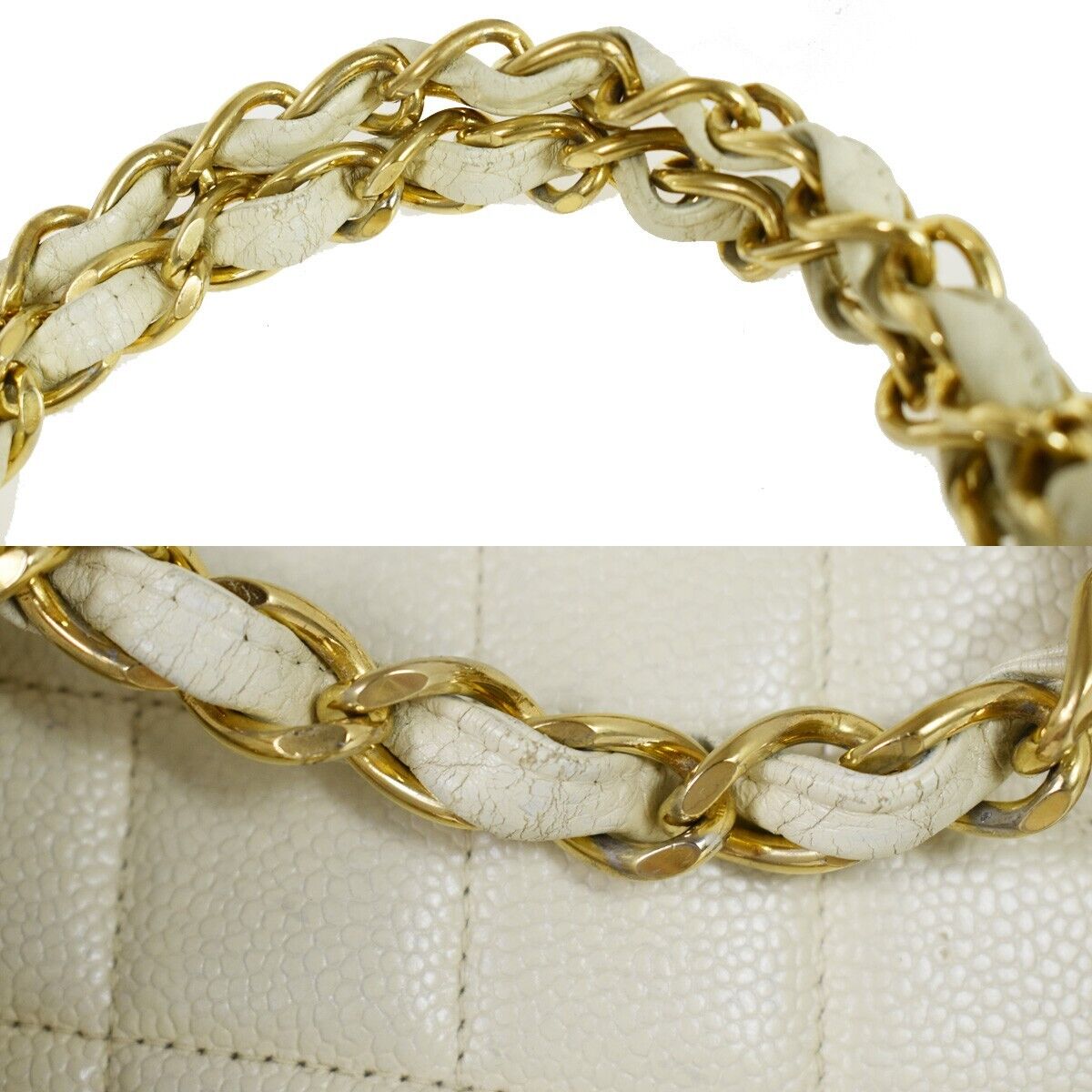 CHANEL CC Matelasse Chain Shoulder Tote Bag Caviar Leather Ivory GHW 49FA171