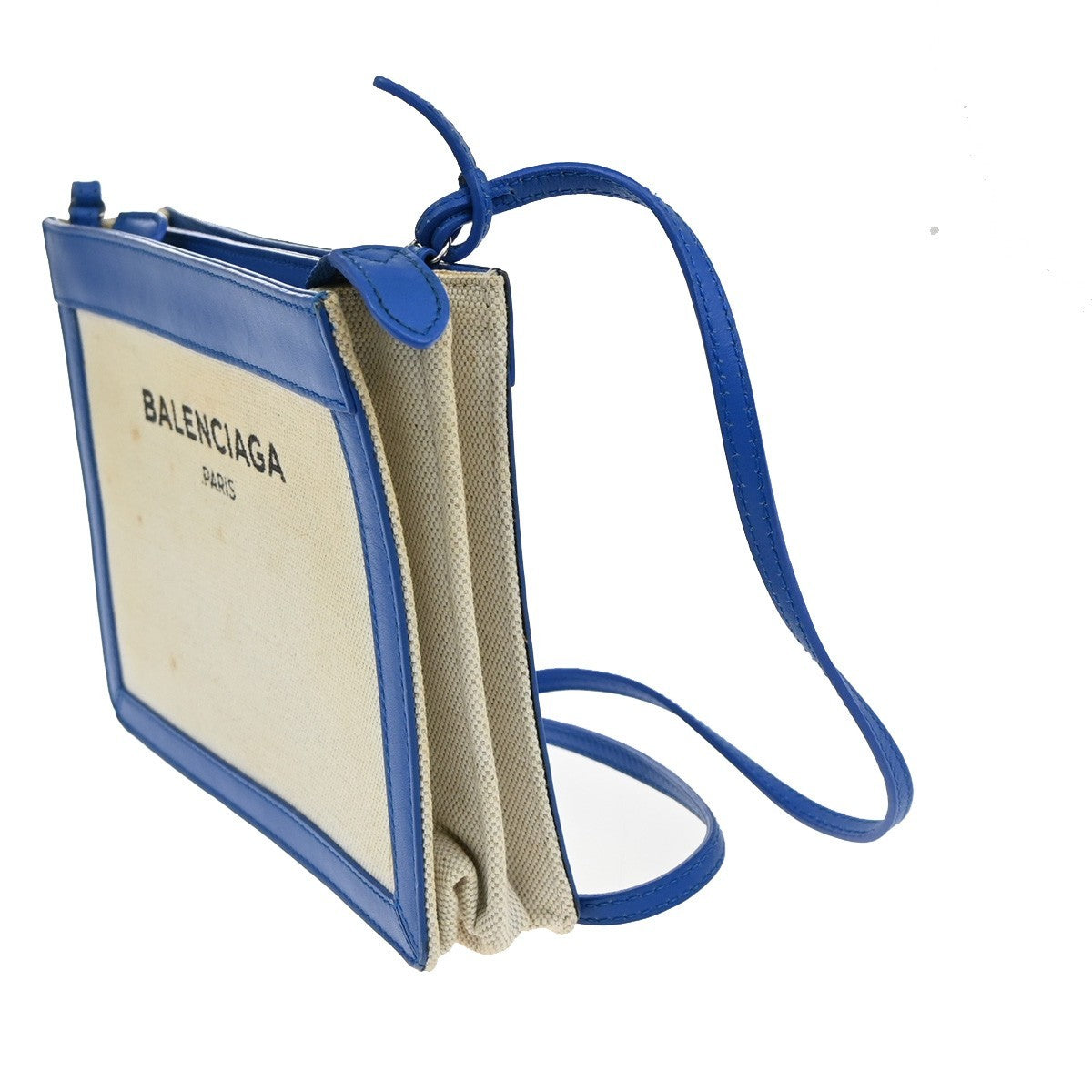 BALENCIAGA Logo 2Way Shoulder Clutch Bag Canvas Leather Beige Blue 62FB962