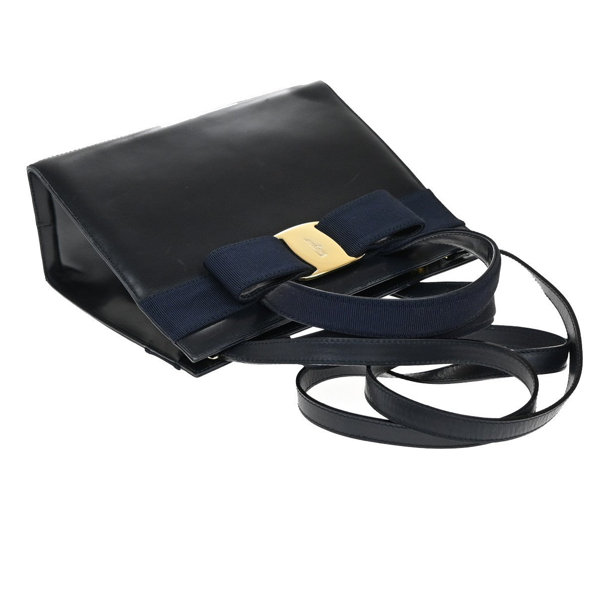 SALVATORE FERRAGAMO Vara 2Way Shoulder Hand Bag Canvas Leather Navy Blue 31EF372