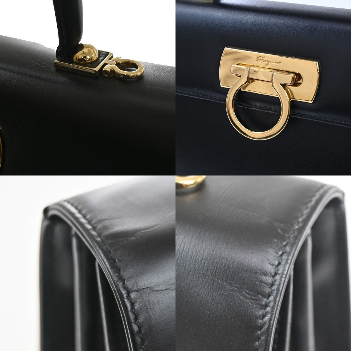 SALVATORE FERRAGAMO Logo Gancini 2WAY Hand Bag Leather Black GHW Italy 77RL504
