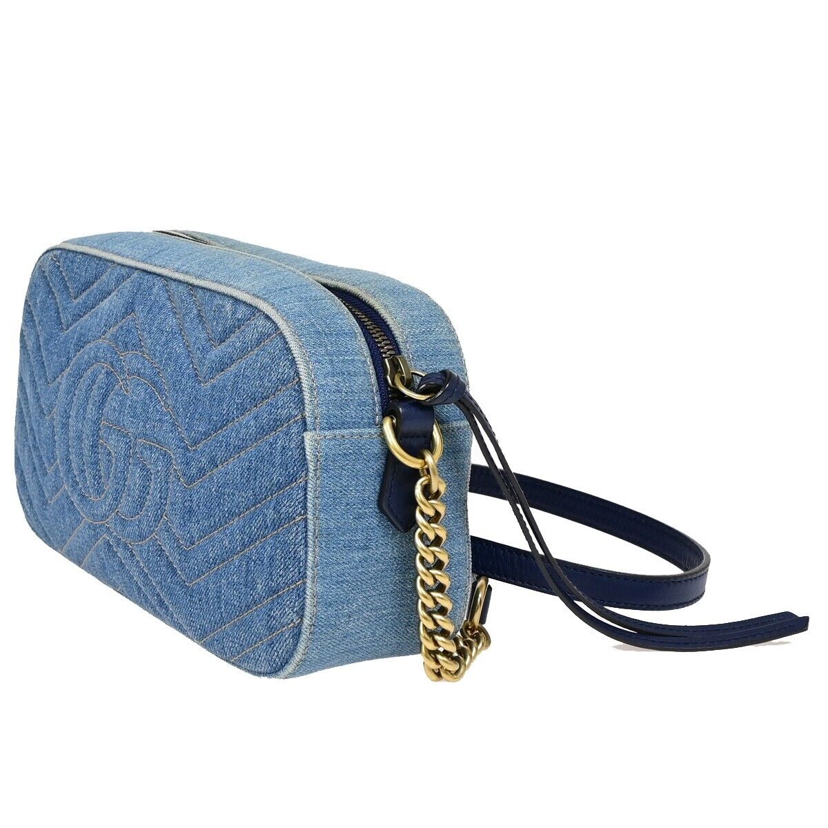 GUCCI GG Marmont Chain Shoulder Bag Imitation Pearl Leather Denim Blue 675RJ902