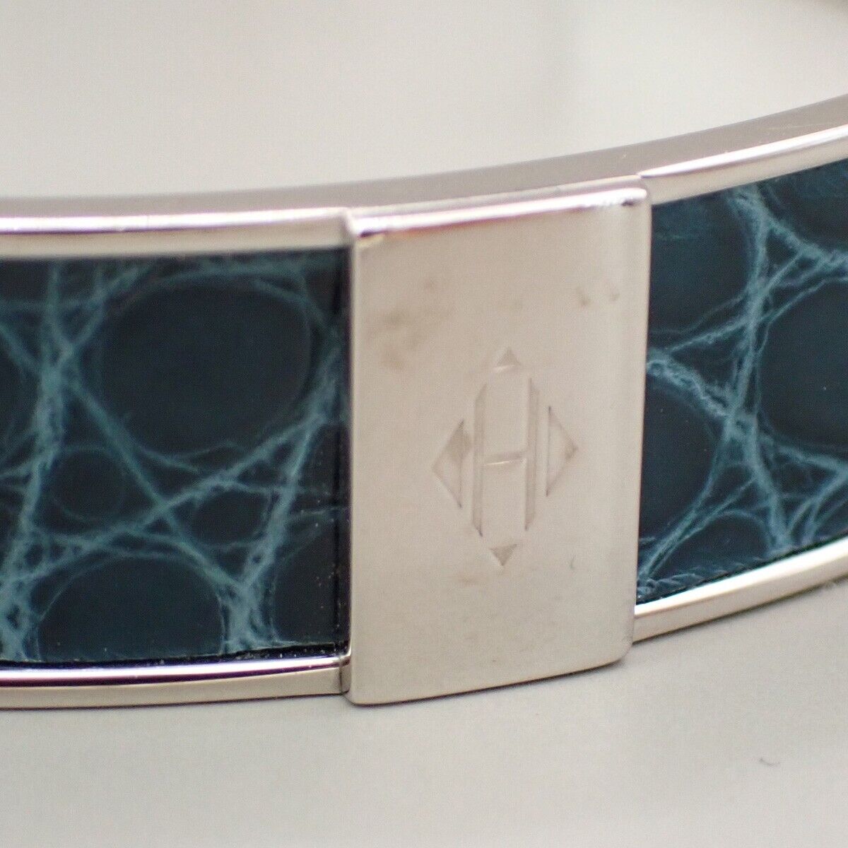 HERMES Logo Bangle Bracelet #S Exotic Leather Blue Silver 32KA475
