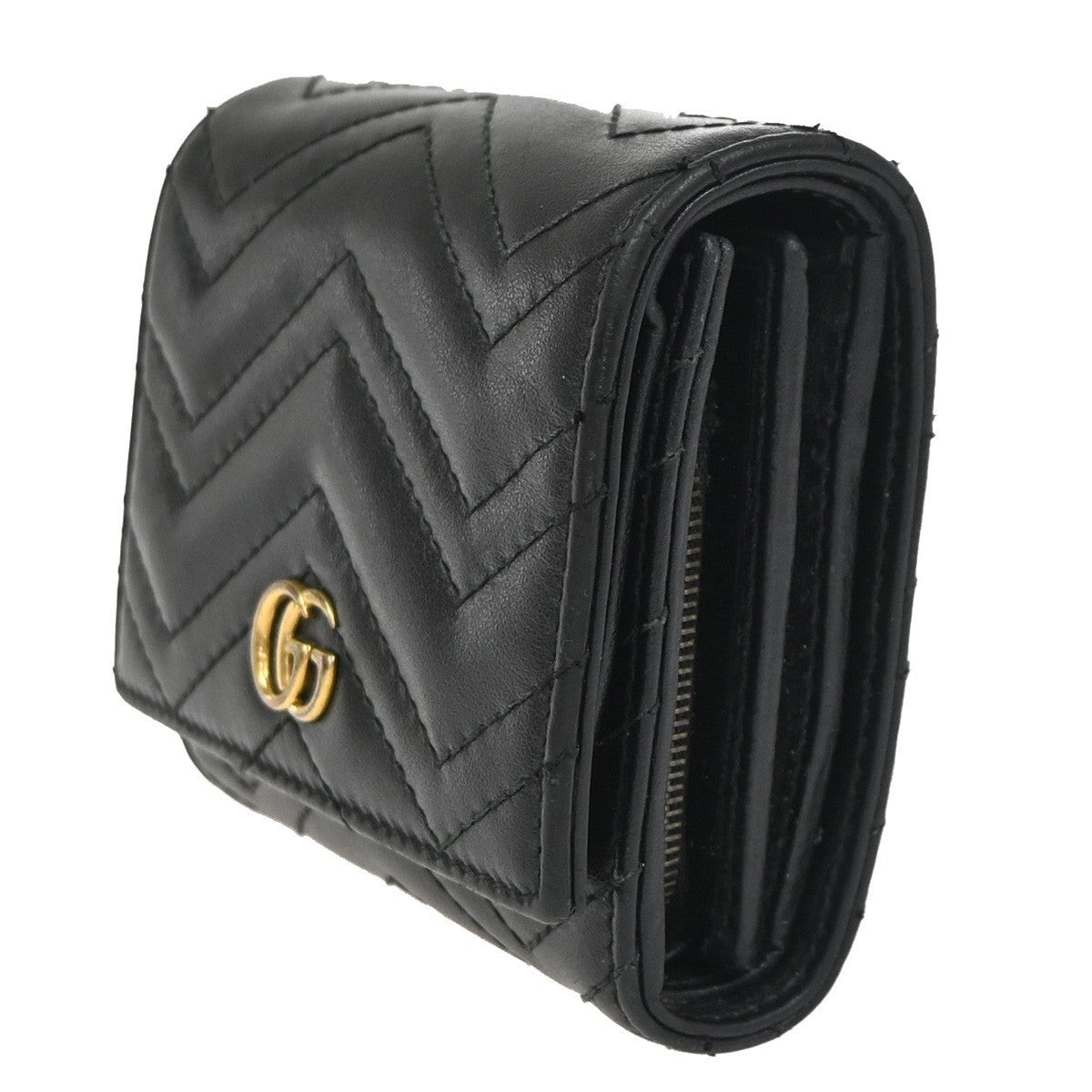 GUCCI GG Marmont Compact Bifold Wallet Purse Leather Black GHW Italy 69YH976