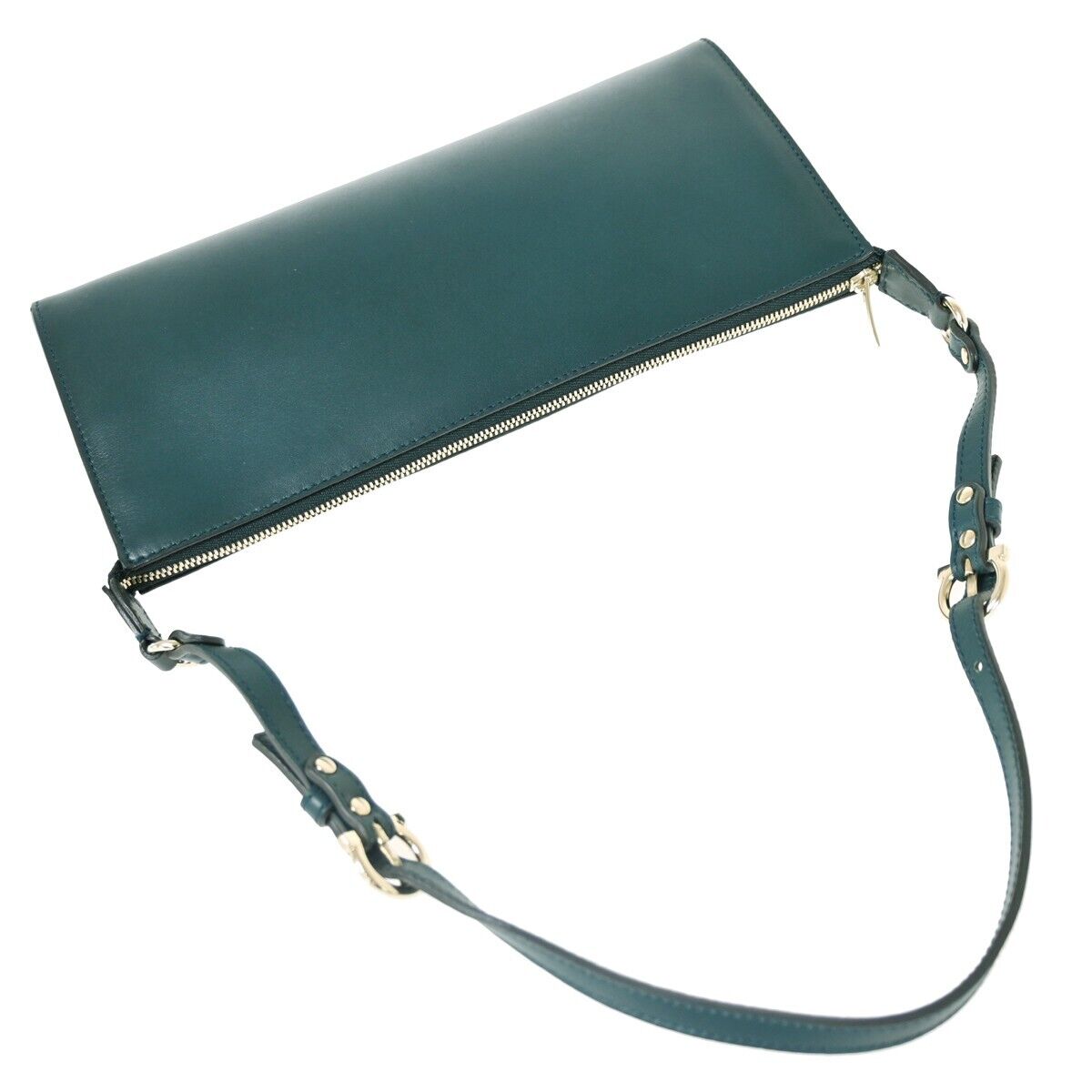 SALVATORE FERRAGAMO Logo Gancini Shoulder Bag Leather Green Gold Italy 02HB577