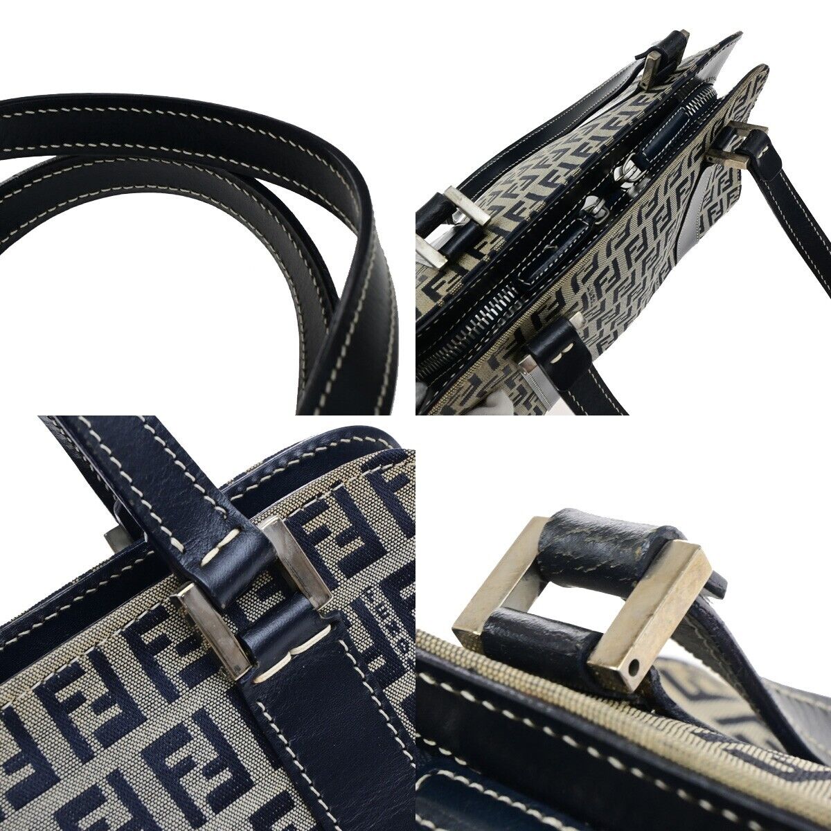 FENDI Logo Zucca Pattern Shoulder Bag Canvas Leather Navy Blue Italy 83KA549