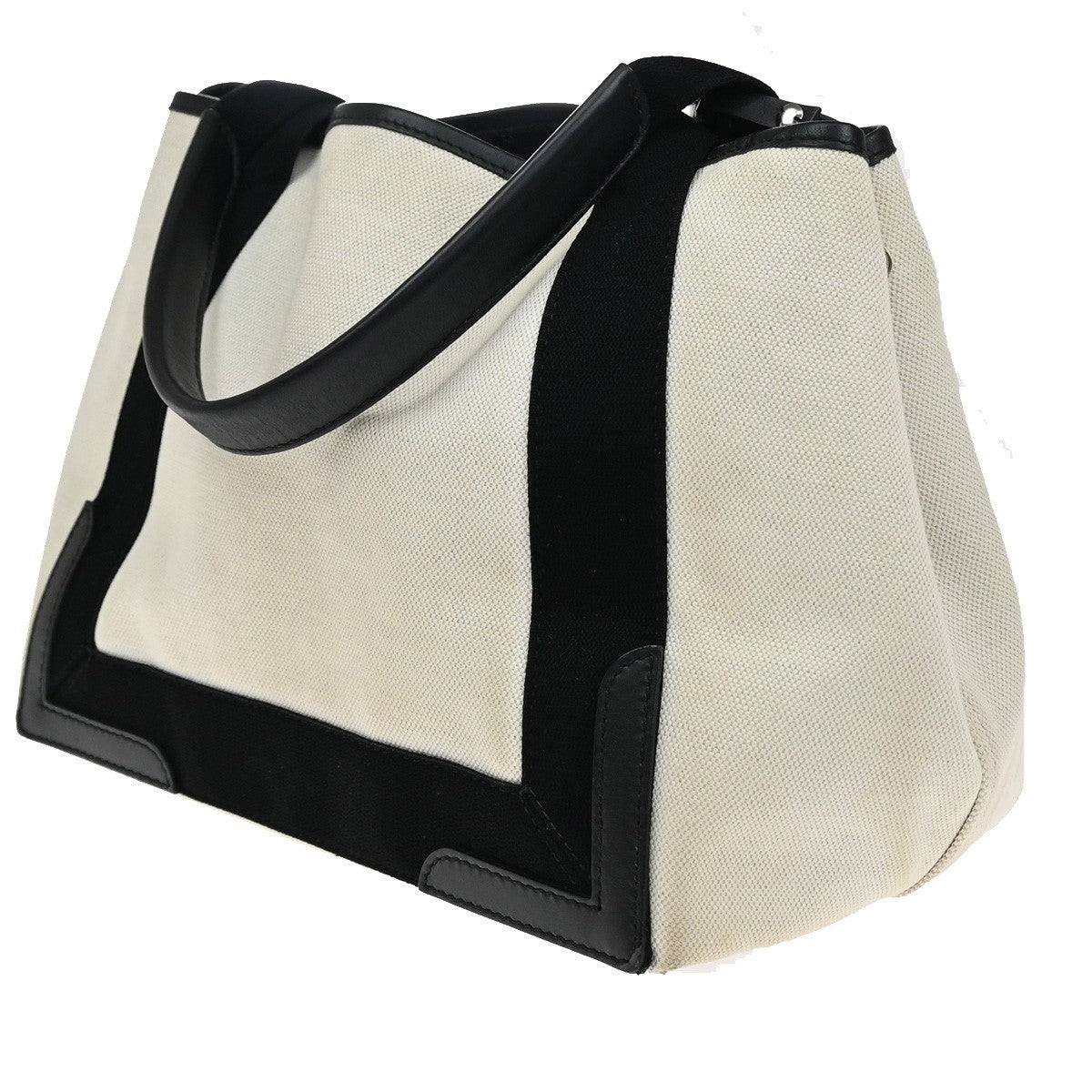 BALENCIAGA Logo Navy Cabas S Hand Tote Bag Canvas Leather Black White 34EF266