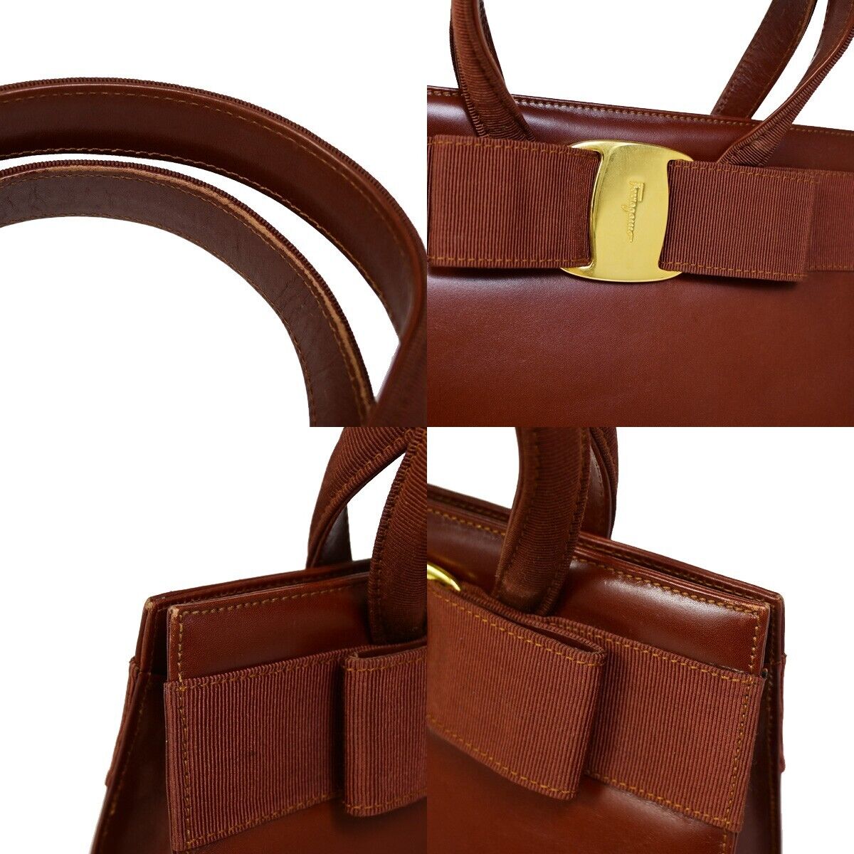 SALVATORE FERRAGAMO Vara Hand Bag Canvas Leather Brown Gold-plated Italy 61HB933